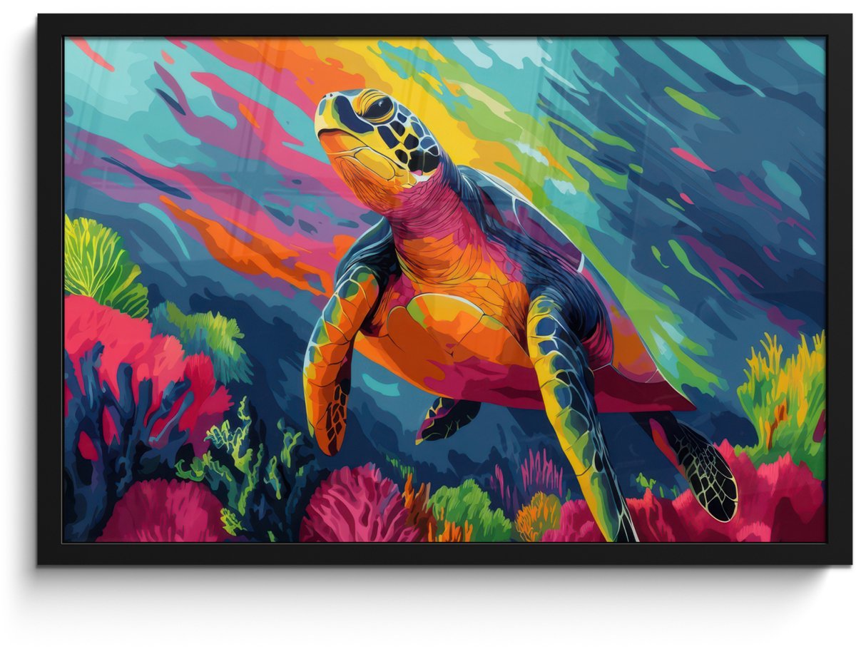 FrameYourWall Poster in lijst - Fotolijst 60x40 cm - Posters - Koraal - Schildpad - Abstract - Water - Posterlijst zwart - Decoratie - Wanddecoratie woonkamer - Muurdecoratie slaapkamer Schildpad - Kleurrijk