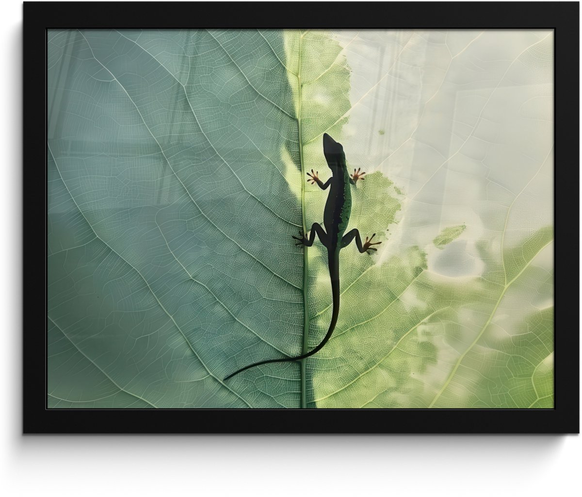 FrameYourWall Poster in lijst - Fotolijst 40x30 cm - Posters - Hagedis - Blad - Nerven - Groen - Posterlijst zwart - Decoratie - Wanddecoratie woonkamer - Muurdecoratie slaapkamer