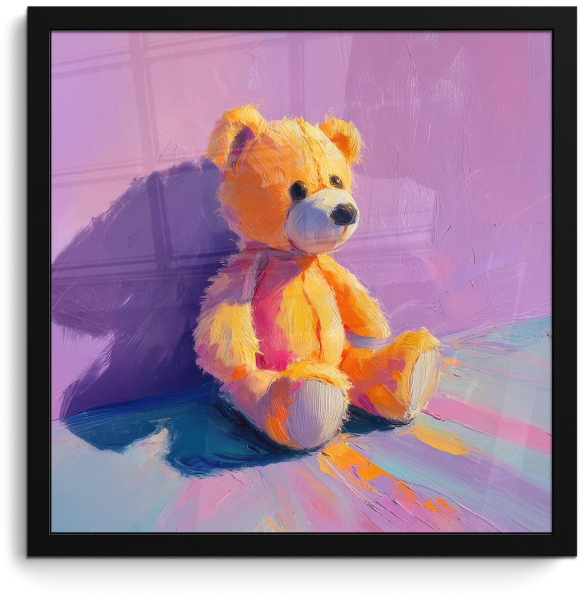 FrameYourWall Poster in lijst - Fotolijst 40x40 cm - Posters - Teddybeer - Schaduw - Penseelstreken - Paars - Posterlijst zwart - Decoratie - Wanddecoratie woonkamer - Muurdecoratie slaapkamer