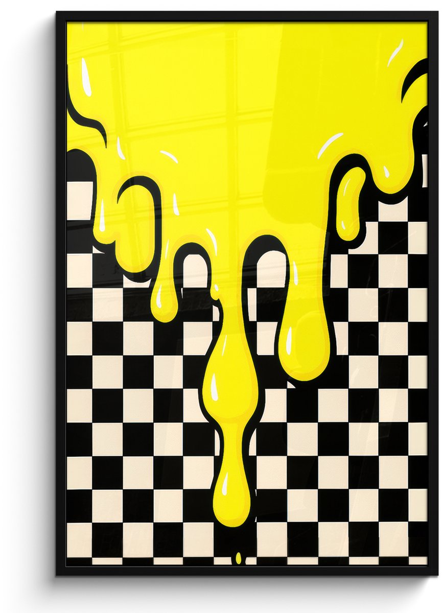 FrameYourWall Poster in lijst - Fotolijst 80x120 cm - Posters - Geblokt - Grafisch - Vloeistof - Geel - Posterlijst zwart - Decoratie - Wanddecoratie woonkamer - Muurdecoratie slaapkamer
