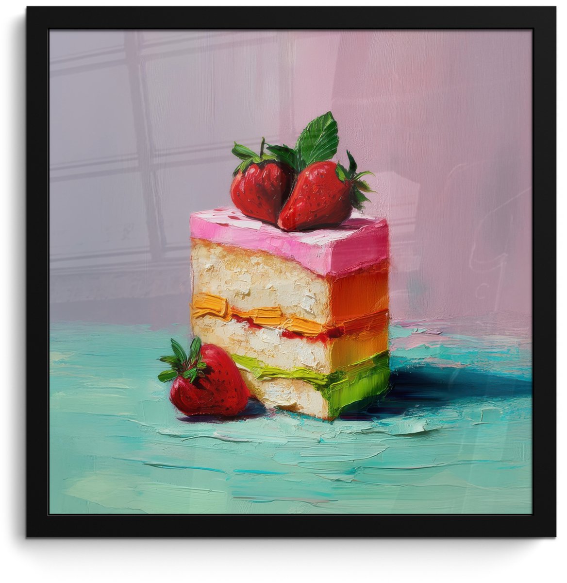 FrameYourWall Poster in lijst - Fotolijst 40x40 cm - Posters - Taartje - Aardbeien - Glazuur - Kleurrijk - Posterlijst zwart - Decoratie - Wanddecoratie woonkamer - Muurdecoratie slaapkamer