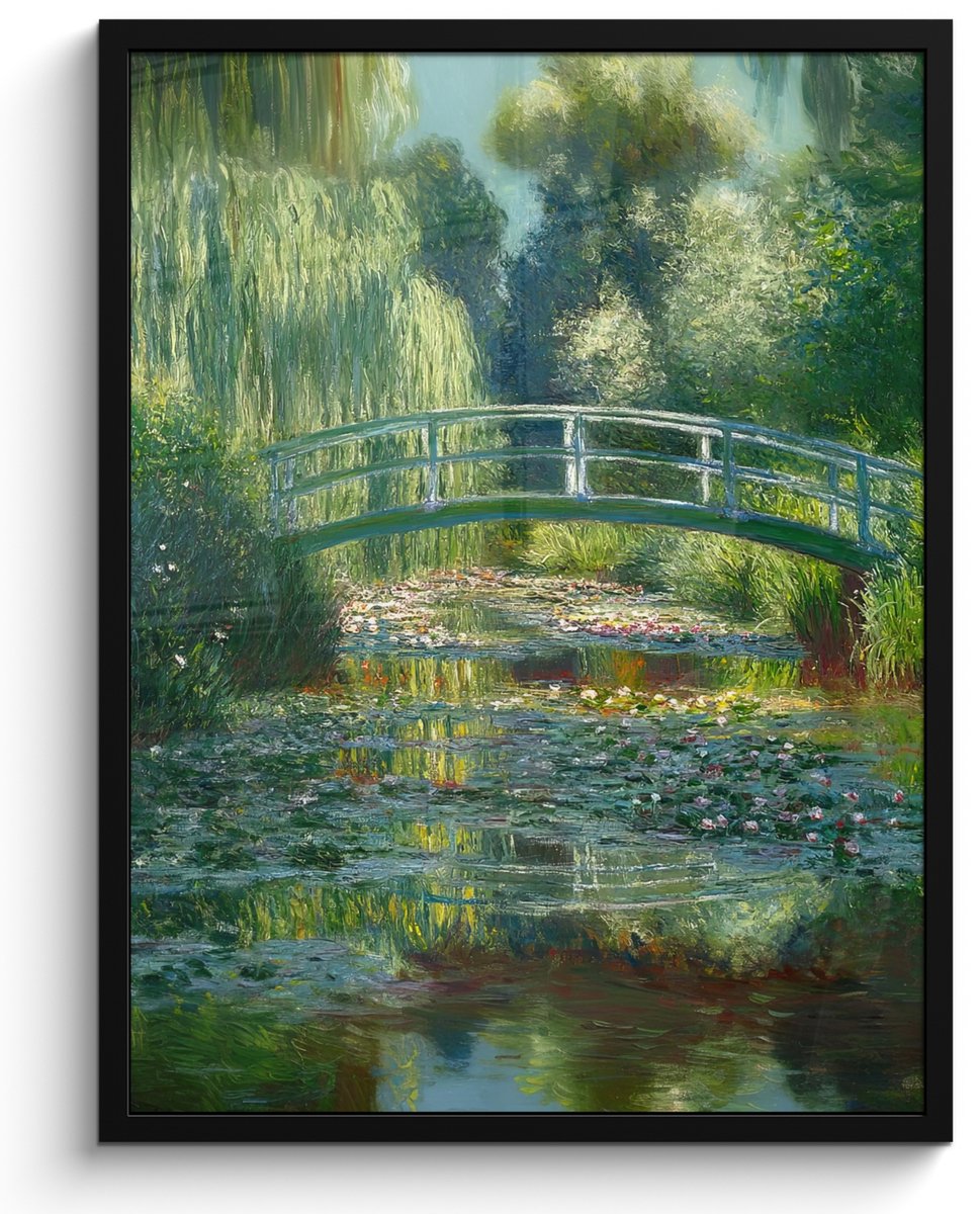 FrameYourWall Poster in lijst - Fotolijst 60x80 cm - Posters - Brug - Hout - Vijver - Waterlelies - Posterlijst zwart - Decoratie - Wanddecoratie woonkamer - Muurdecoratie slaapkamer