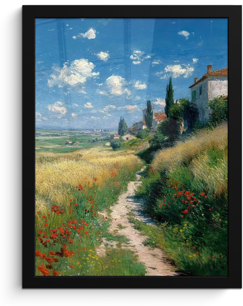 FrameYourWall Poster in lijst - Fotolijst 30x40 cm - Posters - Zandpad - Huis - Bomen - Grasveld - Posterlijst zwart - Decoratie - Wanddecoratie woonkamer - Muurdecoratie slaapkamer