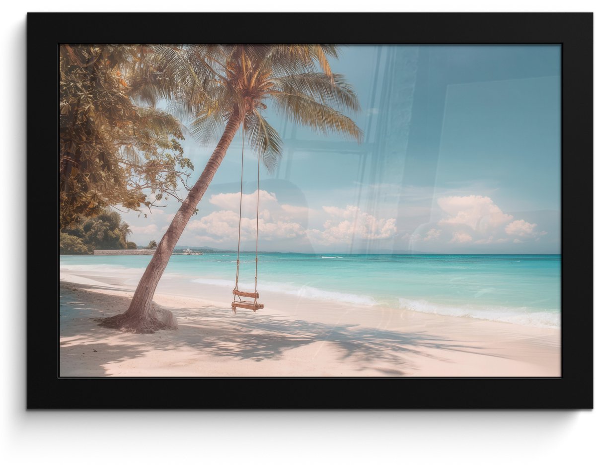 FrameYourWall Poster in lijst - Fotolijst 30x20 cm - Posters - Palmboom - Schommel - Strand - Lucht - Posterlijst zwart - Decoratie - Wanddecoratie woonkamer - Muurdecoratie slaapkamer