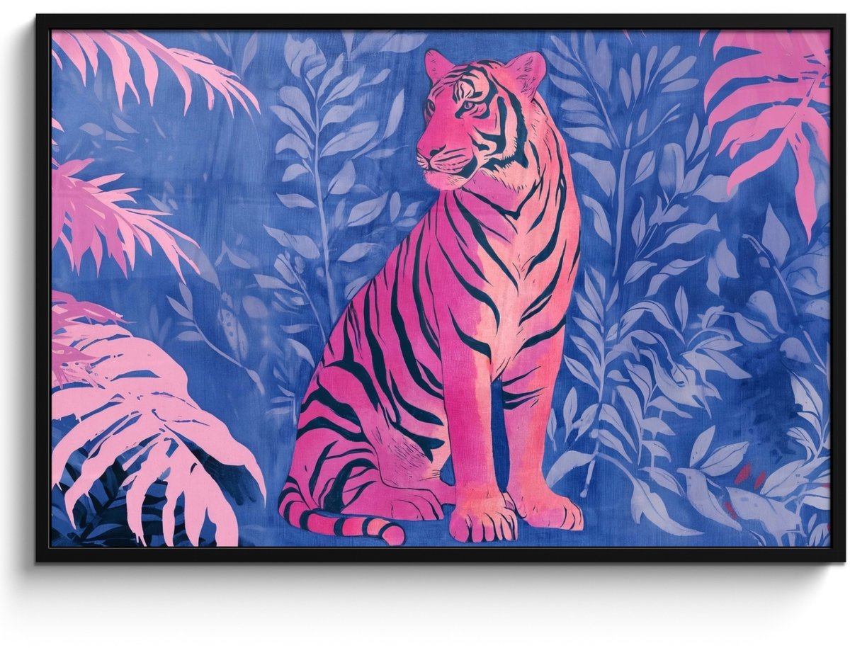 FrameYourWall Poster in lijst - Fotolijst 120x80 cm - Posters - Tijger - Roze - Bladeren - Jungle - Posterlijst zwart - Decoratie - Wanddecoratie woonkamer - Muurdecoratie slaapkamer Tijger - Bladeren