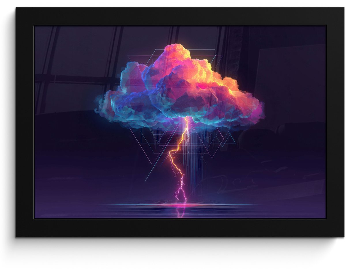 FrameYourWall Poster in lijst - Fotolijst 30x20 cm - Posters - Donderwolk - Bliksemschicht - Licht - Blauw - Posterlijst zwart - Decoratie - Wanddecoratie woonkamer - Muurdecoratie slaapkamer Wolk - Bliksemschicht - Driehoeken