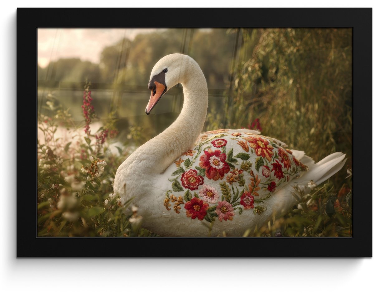 FrameYourWall Poster in lijst - Fotolijst 30x20 cm - Posters - Zwaan - Bloemen - Natuur - Posterlijst zwart - Decoratie - Wanddecoratie woonkamer - Muurdecoratie slaapkamer