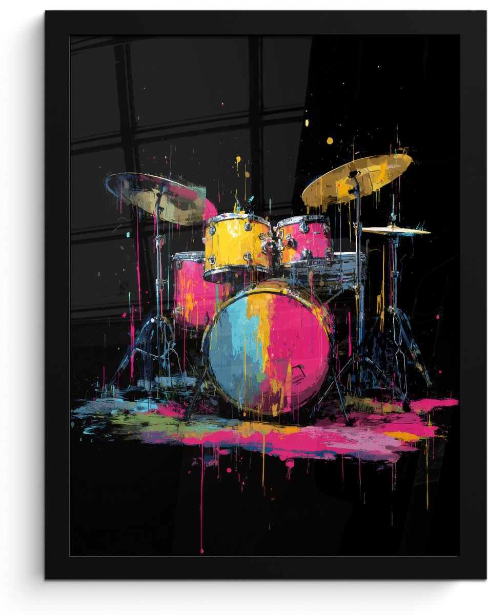 FrameYourWall Poster in lijst - Fotolijst 30x40 cm - Posters - Drumstel - Kleurrijk - Verf - Levendig - Posterlijst zwart - Decoratie - Wanddecoratie woonkamer - Muurdecoratie slaapkamer