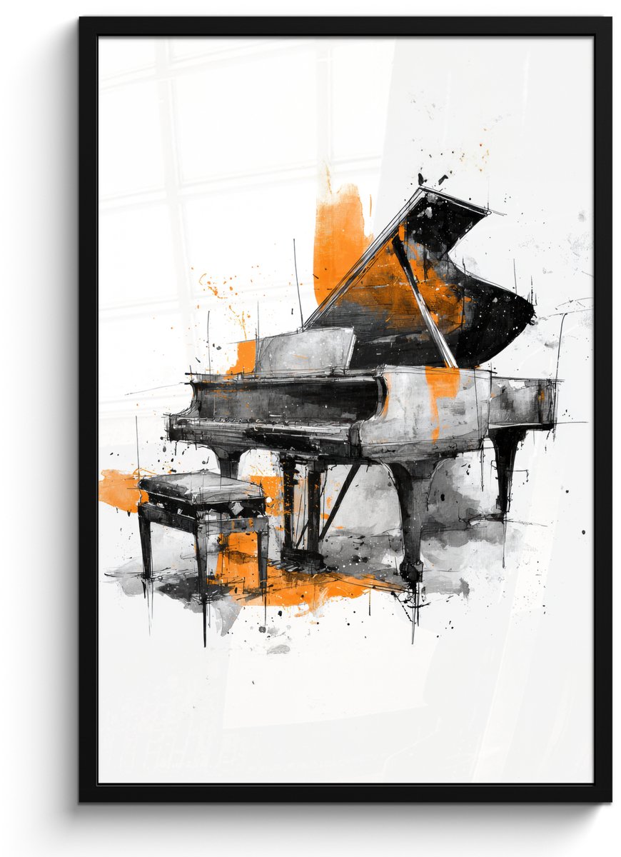 FrameYourWall Poster in lijst - Fotolijst 60x90 cm - Posters - Piano - Oranje - Zwart - schets lijnen - Posterlijst zwart - Decoratie - Wanddecoratie woonkamer - Muurdecoratie slaapkamer