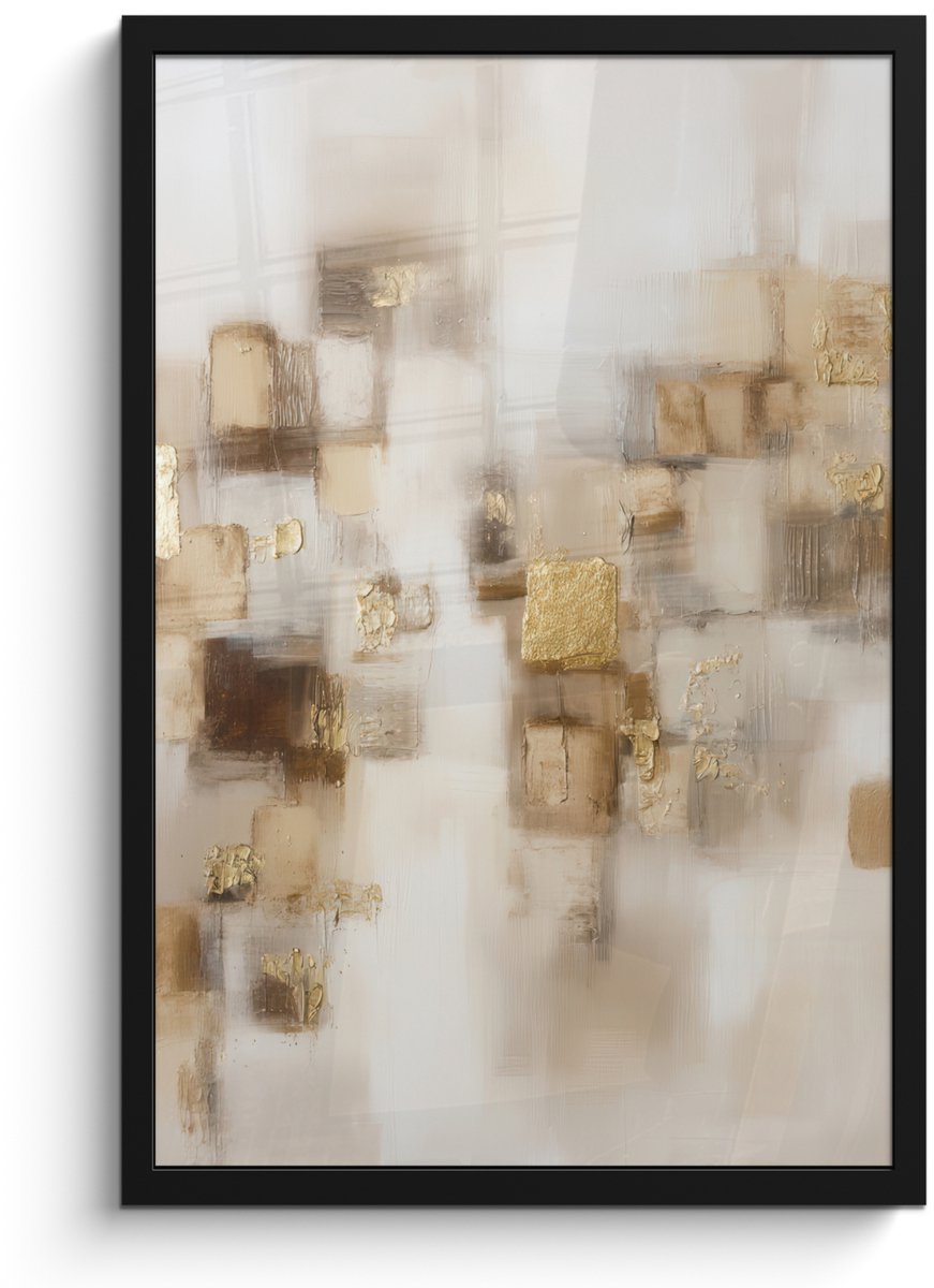FrameYourWall Poster in lijst - Fotolijst 40x60 cm - Posters - Abstracte vierkanten - Aardetonen - Mistig - Posterlijst zwart - Decoratie - Wanddecoratie woonkamer - Muurdecoratie slaapkamer Aardetonen - Mistig - Abstract