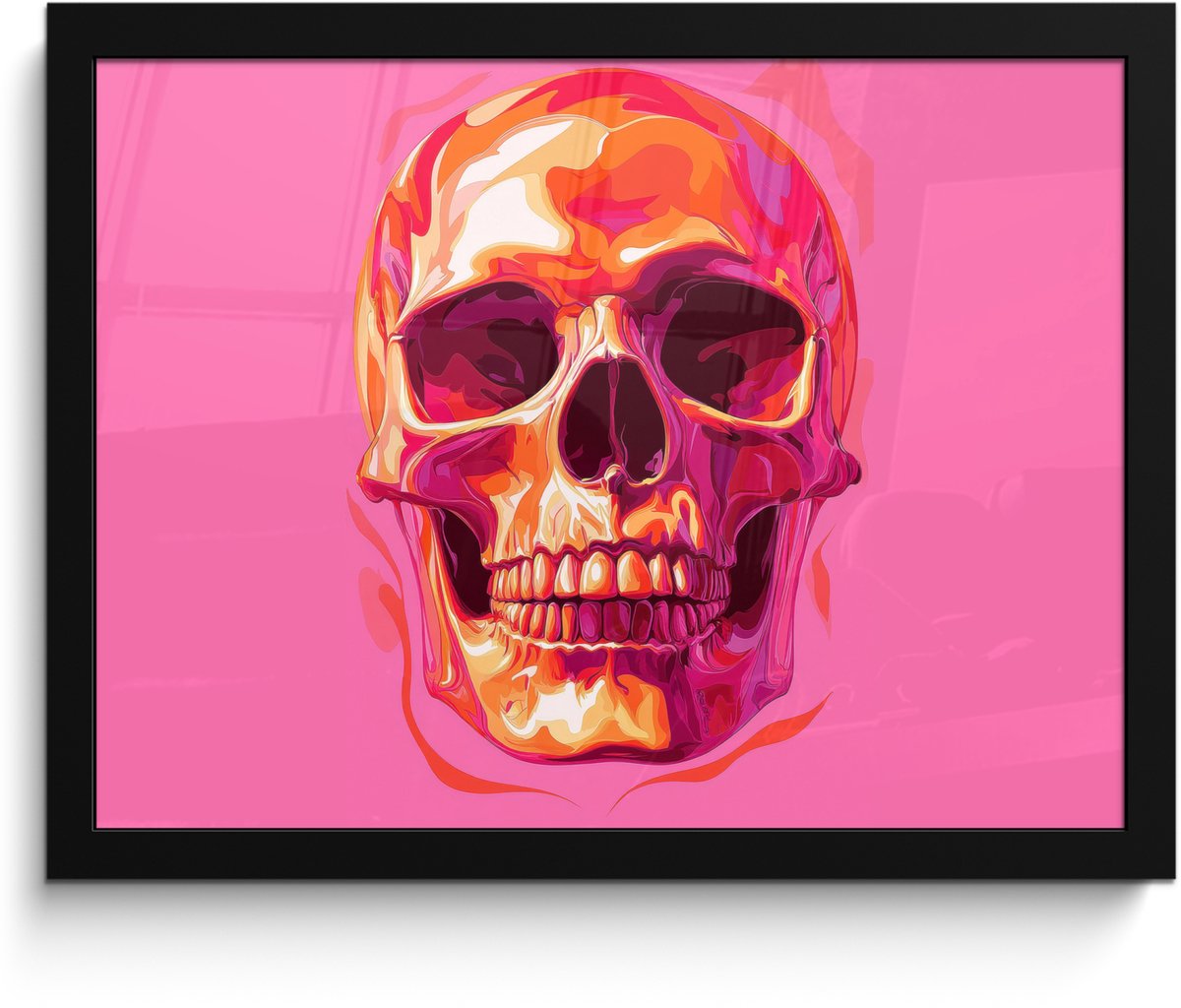 FrameYourWall Poster in lijst - Fotolijst 40x30 cm - Posters - Felroze - Tanden - Schedel - Posterlijst zwart - Decoratie - Wanddecoratie woonkamer - Muurdecoratie slaapkamer Schedel - Tanden