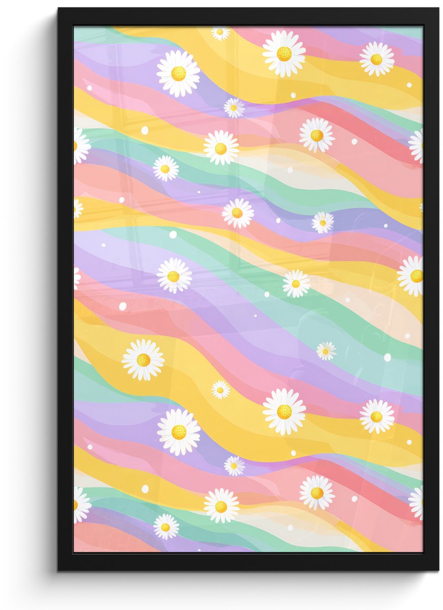 FrameYourWall Poster in lijst - Fotolijst 40x60 cm - Posters - Madeliefjes - Kleurrijk - Pastel - Vrolijk - Posterlijst zwart - Decoratie - Wanddecoratie woonkamer - Muurdecoratie slaapkamer