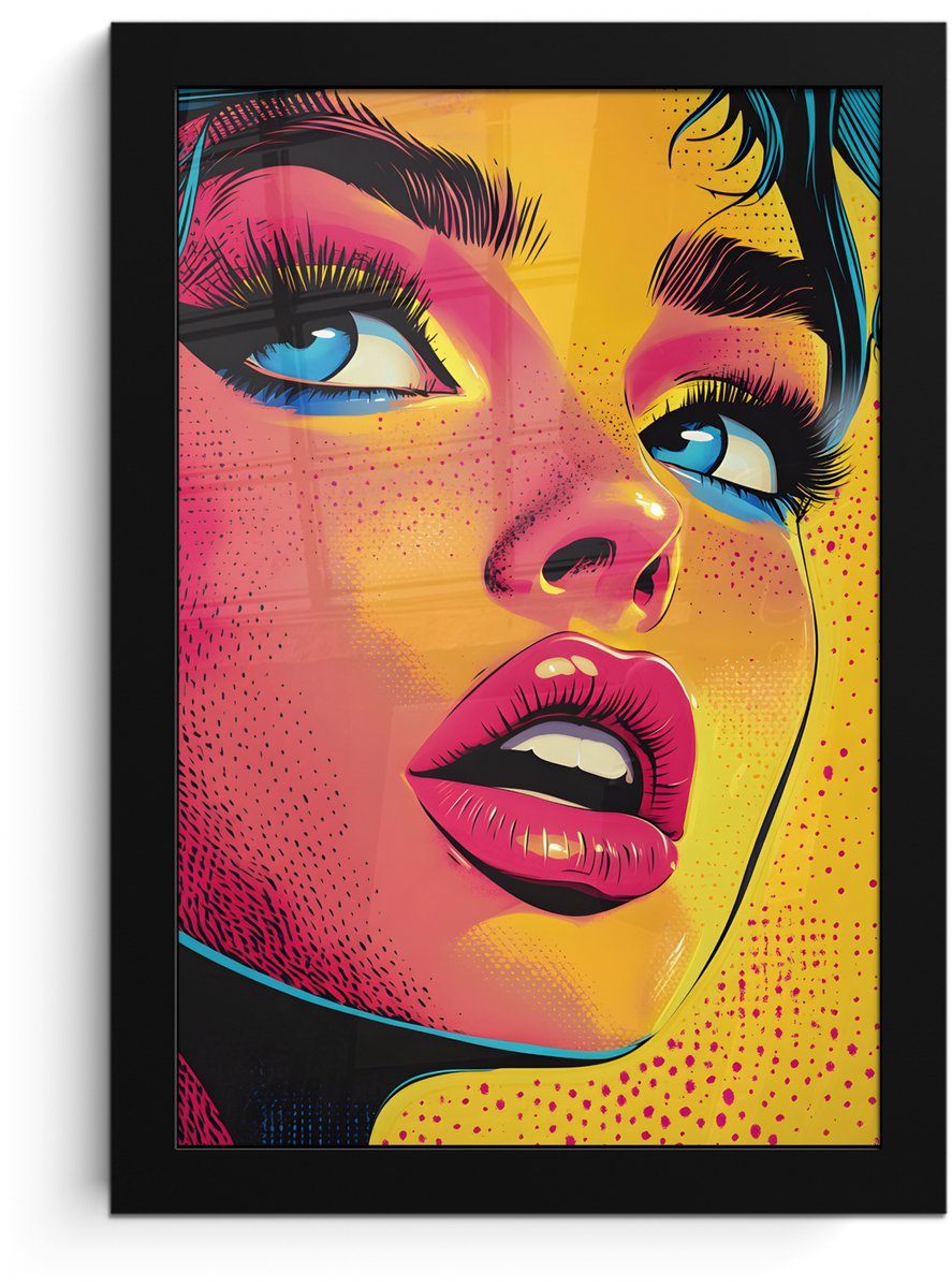 FrameYourWall Poster in lijst - Fotolijst 20x30 cm - Posters - Close-up - Vrouwengezicht - Stippen - Geel - Posterlijst zwart - Decoratie - Wanddecoratie woonkamer - Muurdecoratie slaapkamer Gezicht - Vrouw
