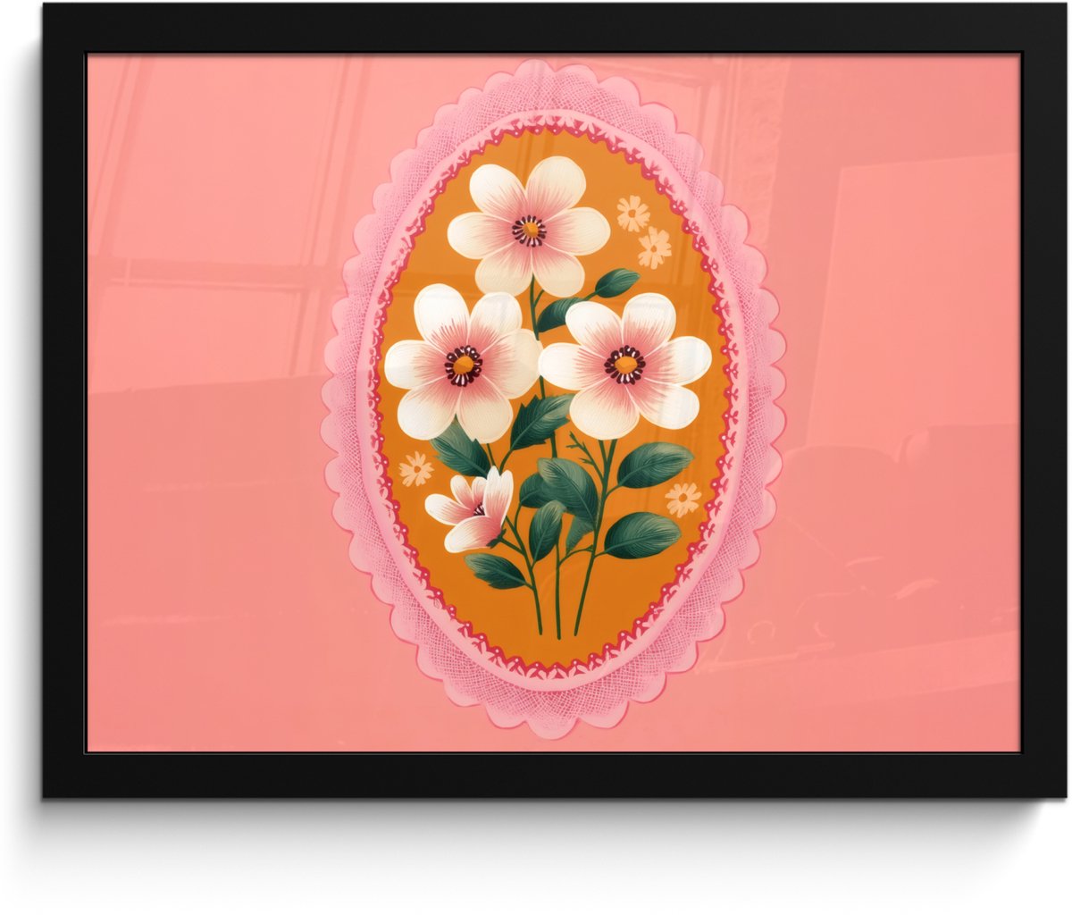 FrameYourWall Poster in lijst - Fotolijst 40x30 cm - Posters - Illustratie - Bloemen - Rand - Roze - Posterlijst zwart - Decoratie - Wanddecoratie woonkamer - Muurdecoratie slaapkamer
