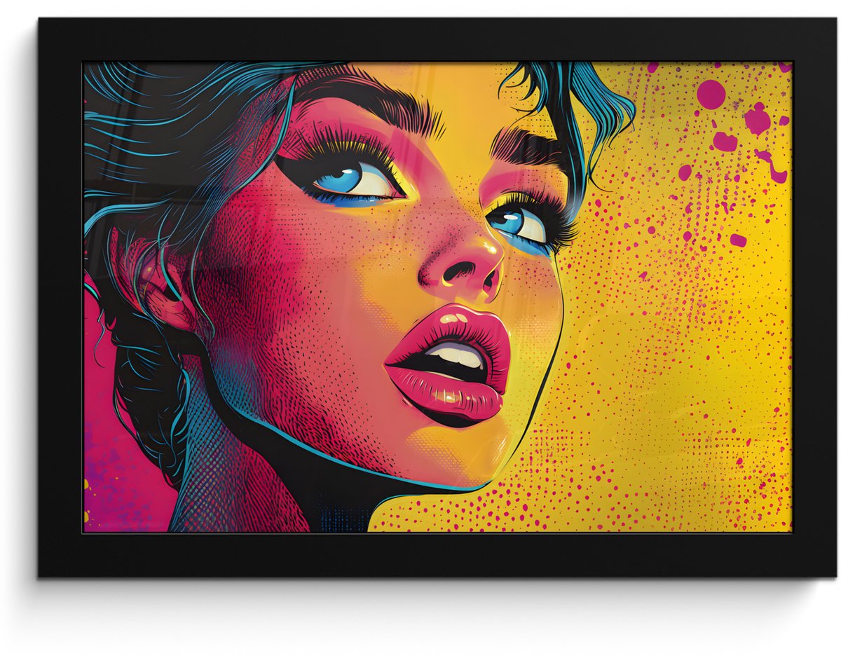 FrameYourWall Poster in lijst - Fotolijst 30x20 cm - Posters - Close-up - Vrouwengezicht - Stippen - Geel - Posterlijst zwart - Decoratie - Wanddecoratie woonkamer - Muurdecoratie slaapkamer Gezicht - Vrouw