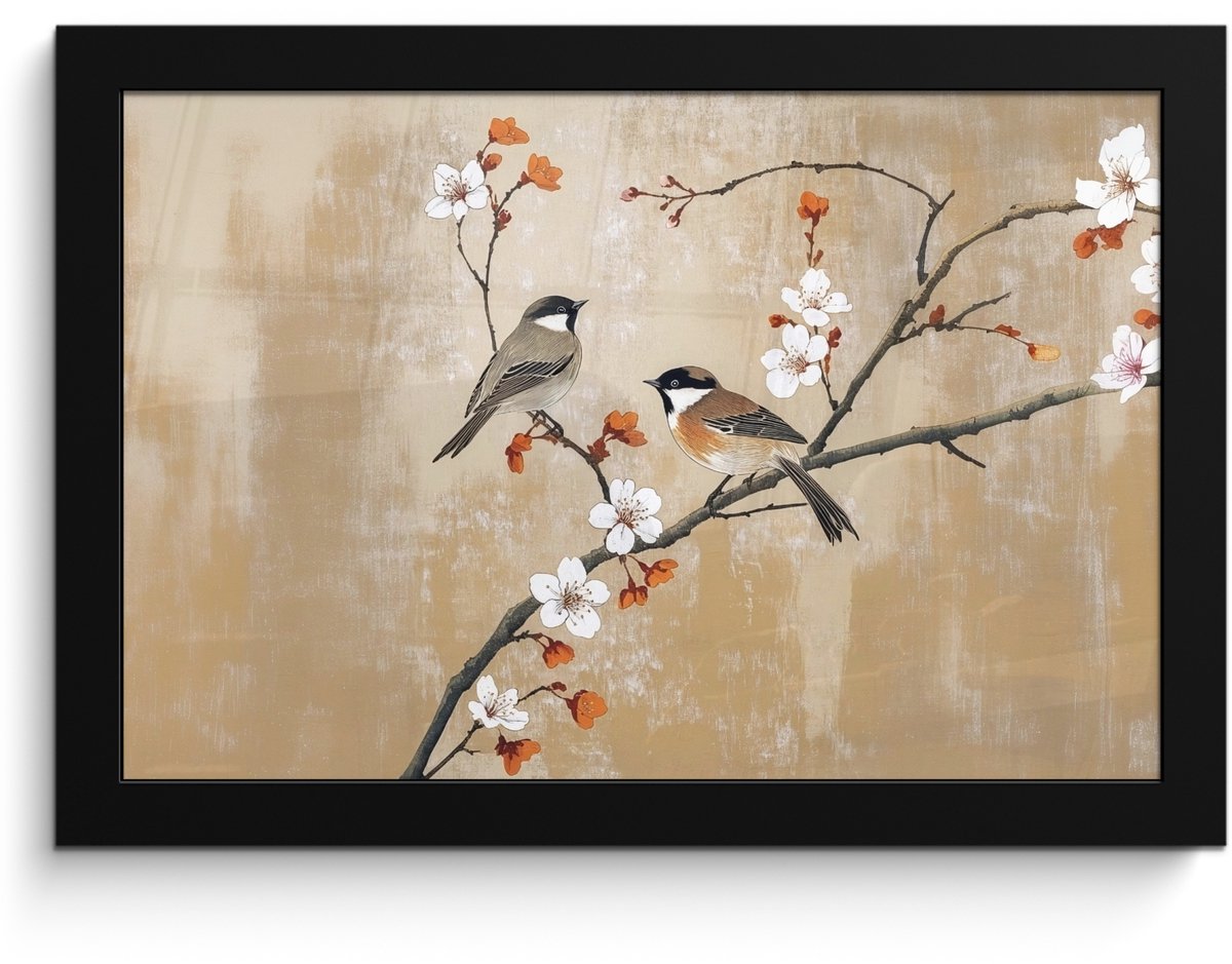 FrameYourWall Poster in lijst - Fotolijst 30x20 cm - Posters - Vogels - Bloesemtak - Bloemen - Oranje - Posterlijst zwart - Decoratie - Wanddecoratie woonkamer - Muurdecoratie slaapkamer