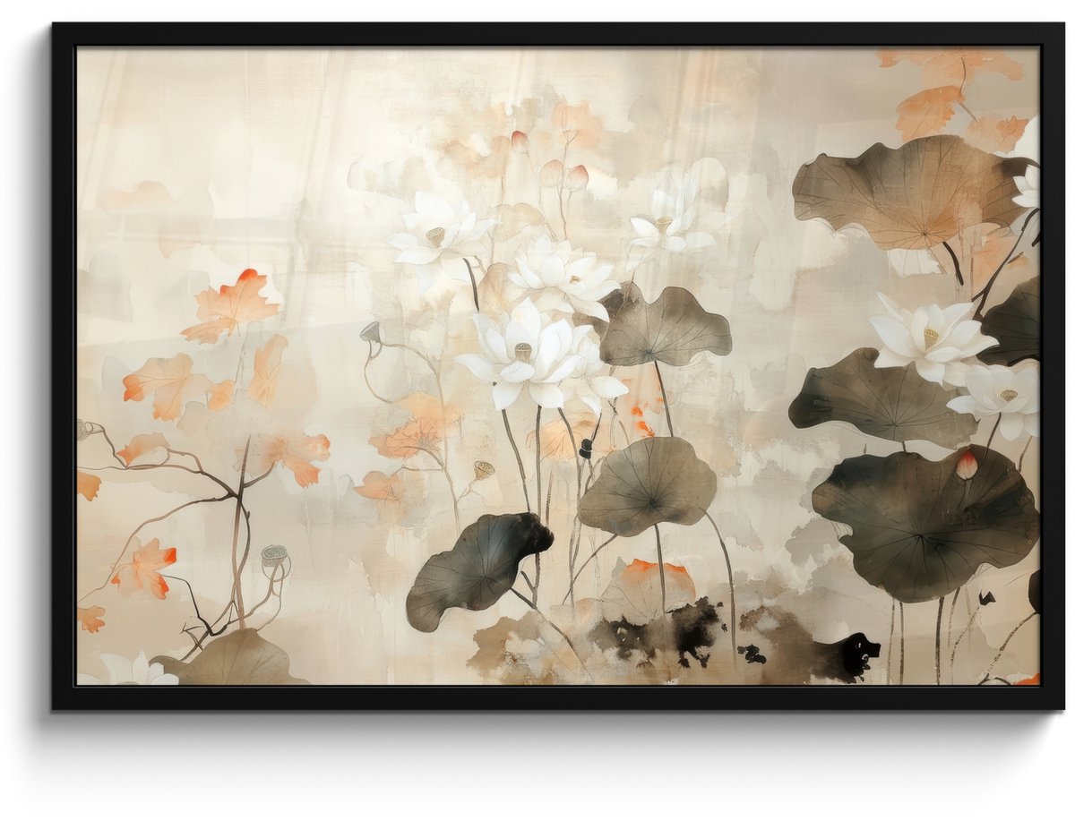 FrameYourWall Poster in lijst - Fotolijst 90x60 cm - Posters - Bloemen - Japandi - Wabi sabi - Posterlijst zwart - Decoratie - Wanddecoratie woonkamer - Muurdecoratie slaapkamer