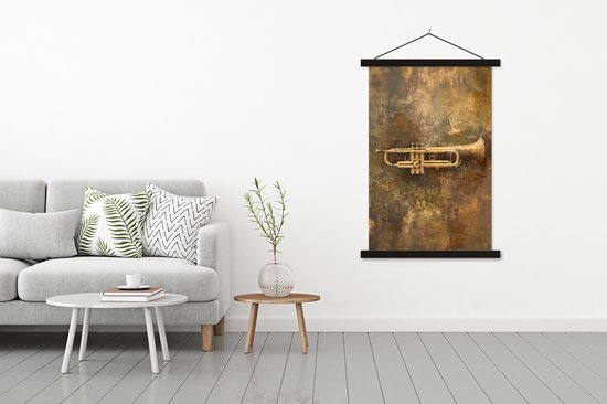 Posterhanger incl. Poster 120x180 cm - Schoolplaat - Trompet - Geel - Muzikaal - Textielposter - Zwarte latten