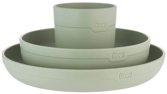 Service de table vert Difrax LOVI - Assiette, Kom et tasse ouverte - 6 mois et plus - Sans BPA, passe au micro-ondes et au lave-vaisselle