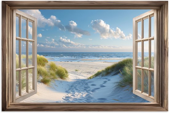 Poster 90x60 cm - Doorkijk - Strand - Raam - Duinen - Zee - Posters - Kamer decoratie - Wanddecoratie woonkamer - Muurdecoratie slaapkamer