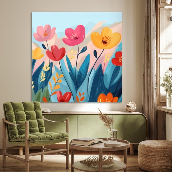 Poster 100x100 cm - Illustratie - Bloemen - Kleurrijk - Posters - Kamer decoratie - Wanddecoratie woonkamer - Muurdecoratie slaapkamer XXL