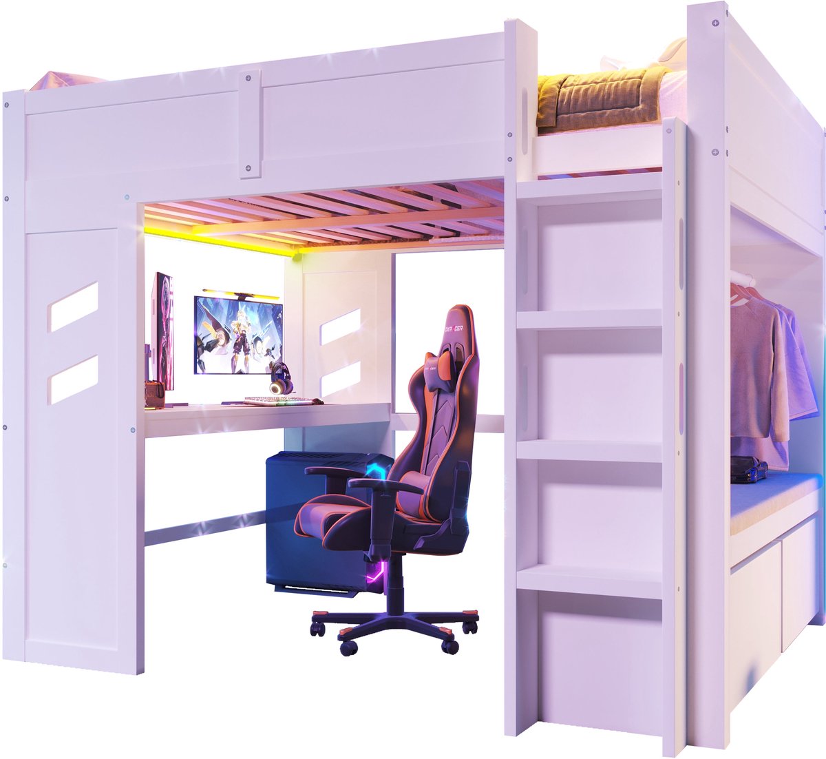 Merax Hoogslaper 140x200 cm - Bed met Bureau - LED Verlichting - USB en Type-C Aansluiting - Lade en Kledingrek - Wit