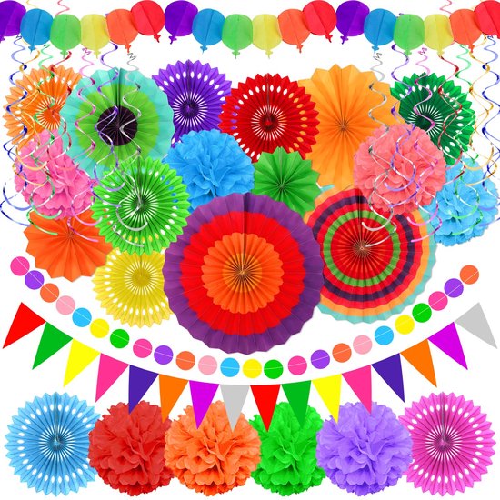 longziming - Partydecoratie Set – Compleet Feestpakket met Slinger, Vlaggenlijn, Banner, Waaiers, Pompons & Spiralen – Kleurrijk Versierpakket voor Cinco de Mayo, Themafeest & Verjaardag