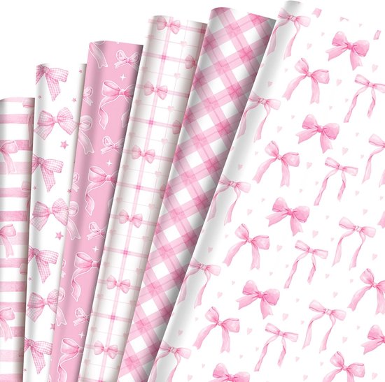 Lot de 6 papiers cadeaux - Motifs nœuds et carreaux roses - Papier cadeau de haute qualité - Pour les occasions romantiques et festives - 50,8 cm x 68,5 cm - Lot de 12 pièces