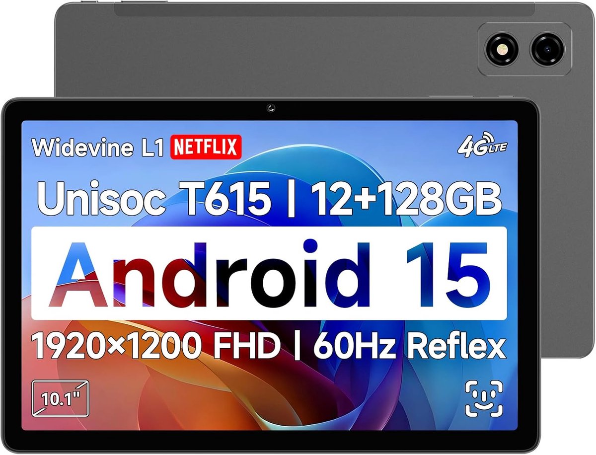 10,1 inch Android 15 Tablet met FHD IPS Scherm, 12GB RAM, 4G LTE, en 6500mAh Batterij