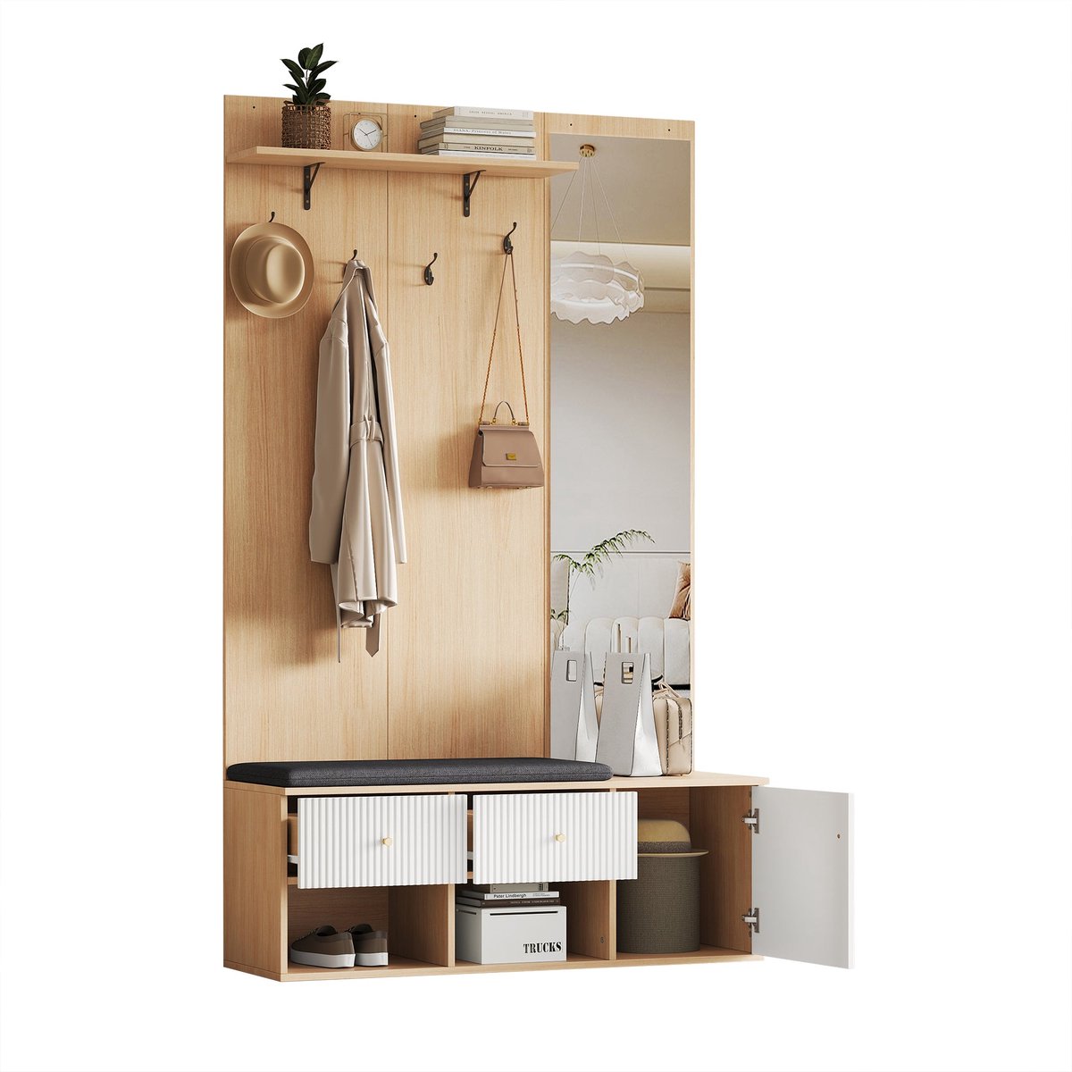Merax Hoog Garderobekast 120x40x200 cm met Spiegel en Zitbank - Halmeubel met 2 Lades en 1 Kast - Haken en Opbergrek – Wit met Bruin en Zwart