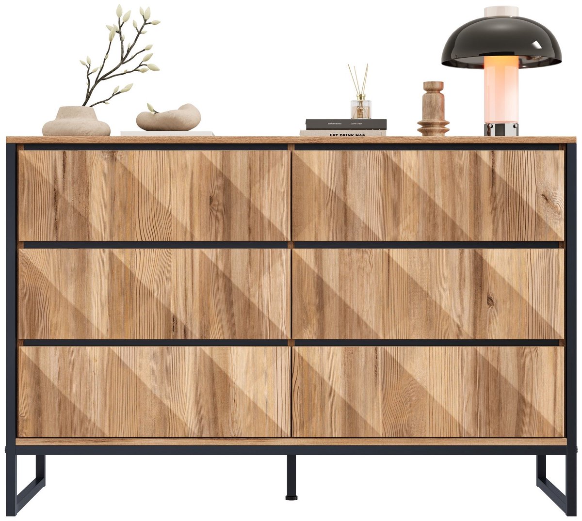 Merax Modern Dressoir 120x40x80 cm - Zwart en Houtkleur Bruin - Industrieel Ladekast met 6 Lades