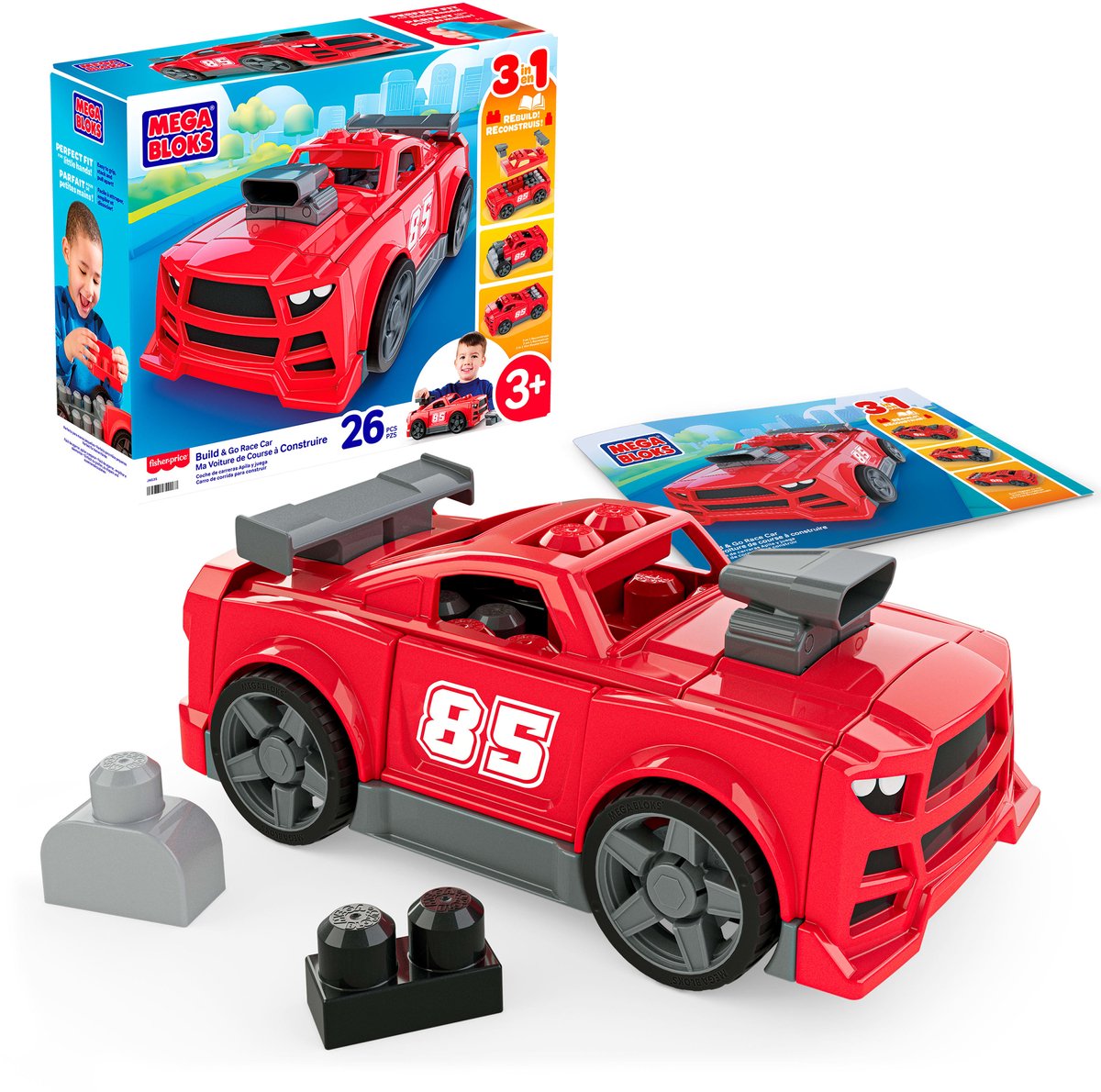 Mega Bloks Bouw en Rij Raceauto lokkenspeelgoed met rollende wieltjes - 26 stukjes