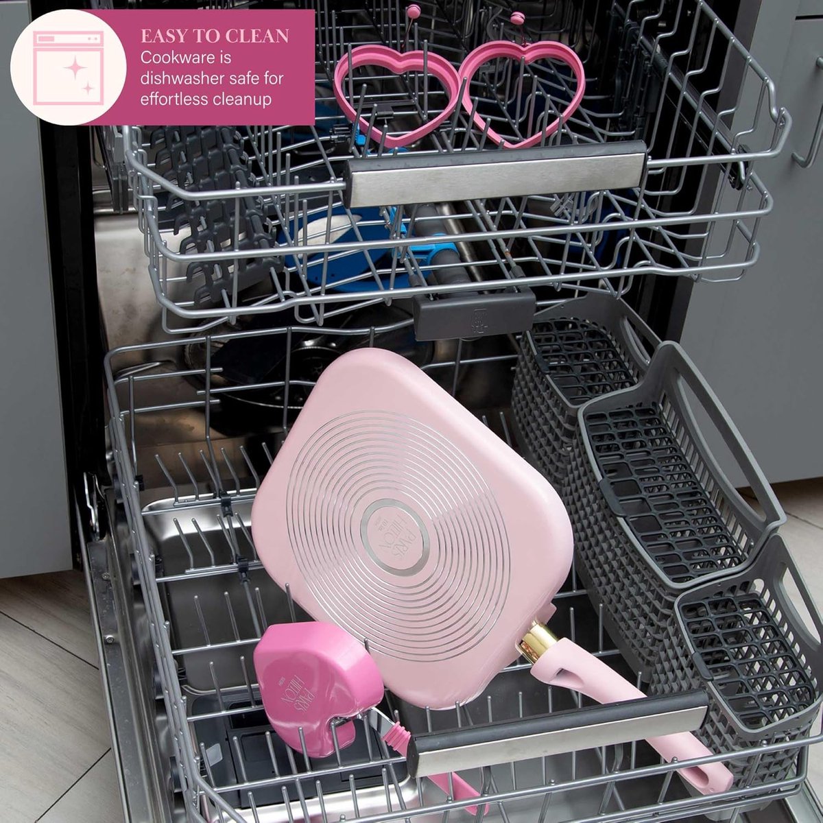 Paris Hilton Keramische anti-aanbak kookgerei set, gegoten aluminium met dubbele laag anti-aanbak coating, gouden hart knoppen, koel blijven handgrepen, gemaakt zonder PFAS, PFOA, PFOS & PTFE