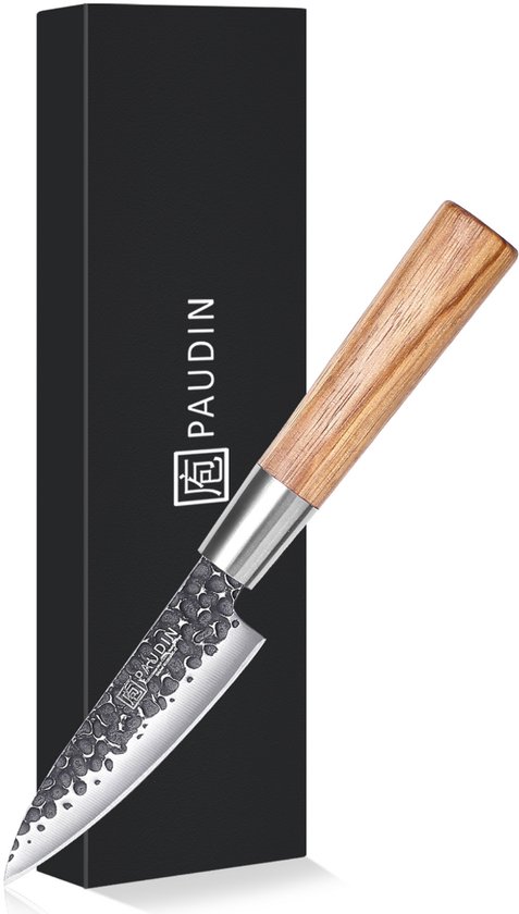 Keukenmes met gehamerd lemmet en een houten handvat, naast een zwarte verpakking met het PAUDIN logo.