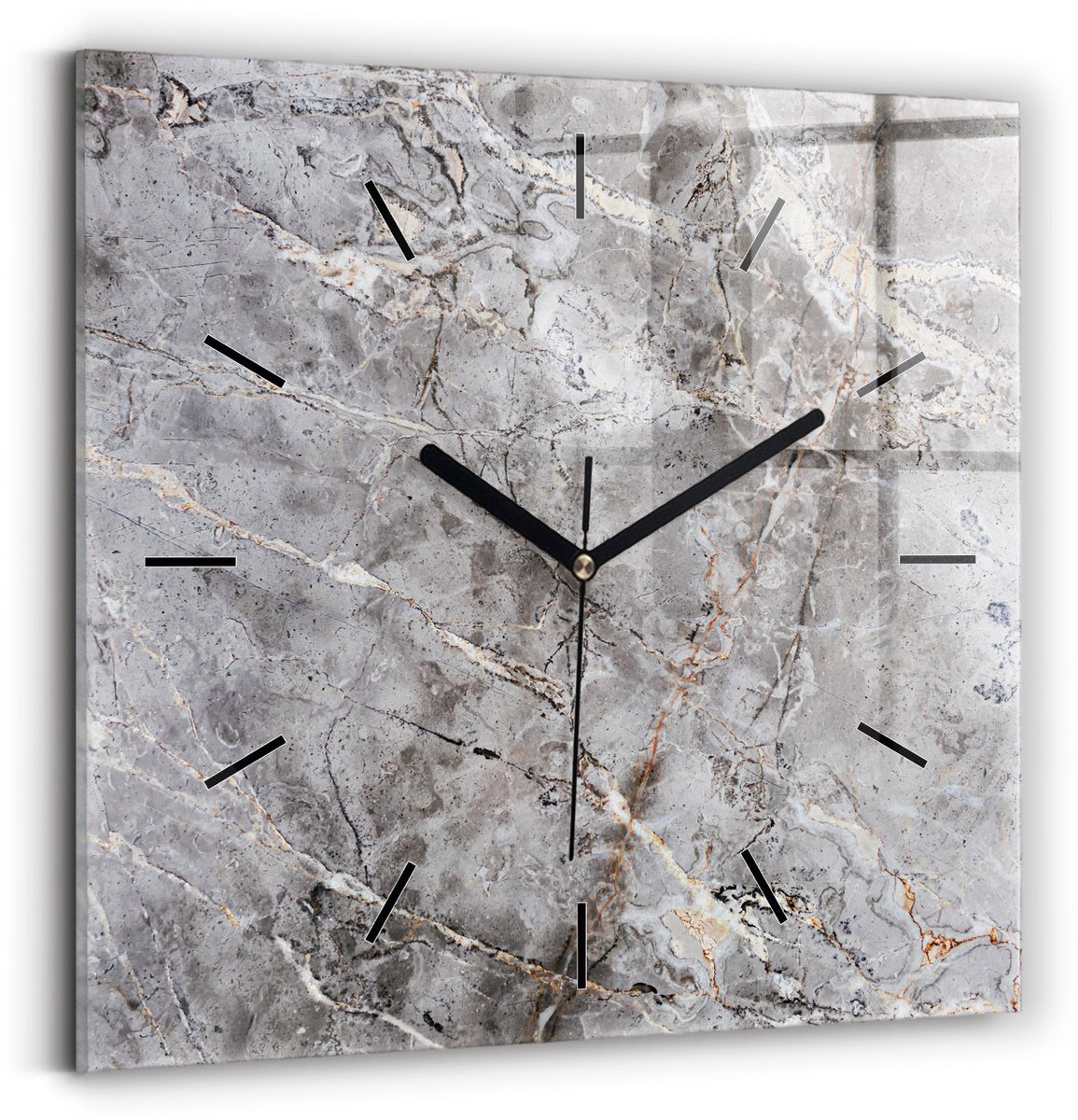Wallfluent Wandklok - Grijs graniet marmer Klok als Muurdecoratie - 30 cm x 30 cm - Grijs Wandklok - Zwarte Handen - Wandklok Zonder Cijfers - Kinder Wandklok Glas - Vierkante Glas Klok - Minimalistisch Wandklok - Decoratieve Wandklok