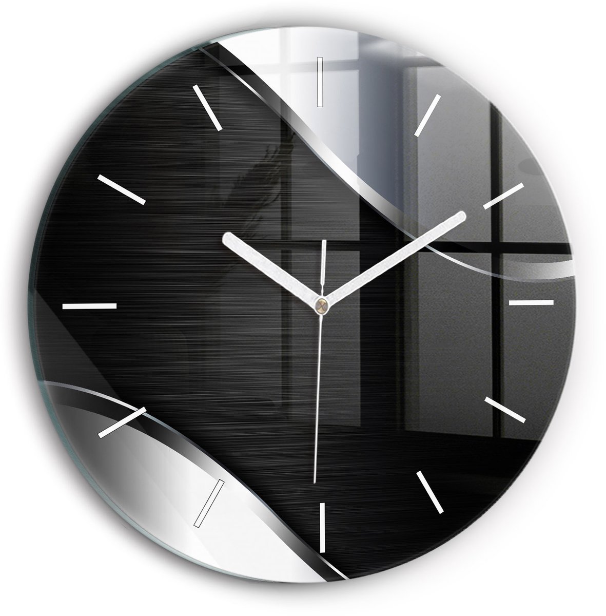 Wallfluent Wandklok - Zwarte en zilveren lijnen Unieke Wandklok - 30 cm x 30 cm - Zwart Wandklok - Witte Handen - Wandklok Zonder Cijfers - Wandklok Glas Woonkamer - Ronde Glazen Klok - Scandinavisch Wandklok - Klok als Muurdecoratie