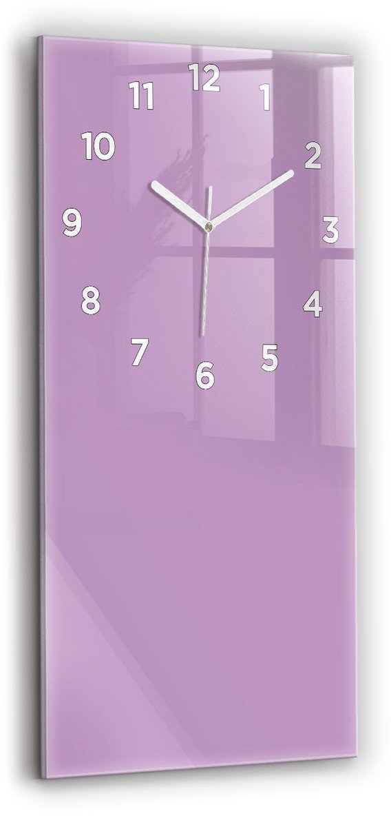Wallfluent Wandklok - Lila Rechthoekige Glazen Wandklok - 30 cm x 60 cm - Lila Wandklok - Witte Handen - Wandklok Met Cijfers - Stille Wandklok Slaapkamer - Glazen Klok Rechthoekige - Minimalistisch Wandklok - Rechthoekige Glas Klok