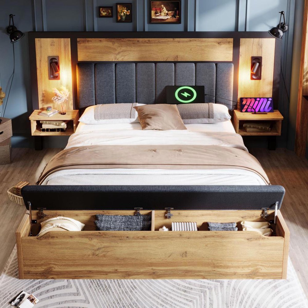KOMHTOM BLACKCOLORS Bed 160×200 cm Met dubbel gestoffeerde matras met leeslamp, nachtkastje, USB C, opbergbank linnen Eiken