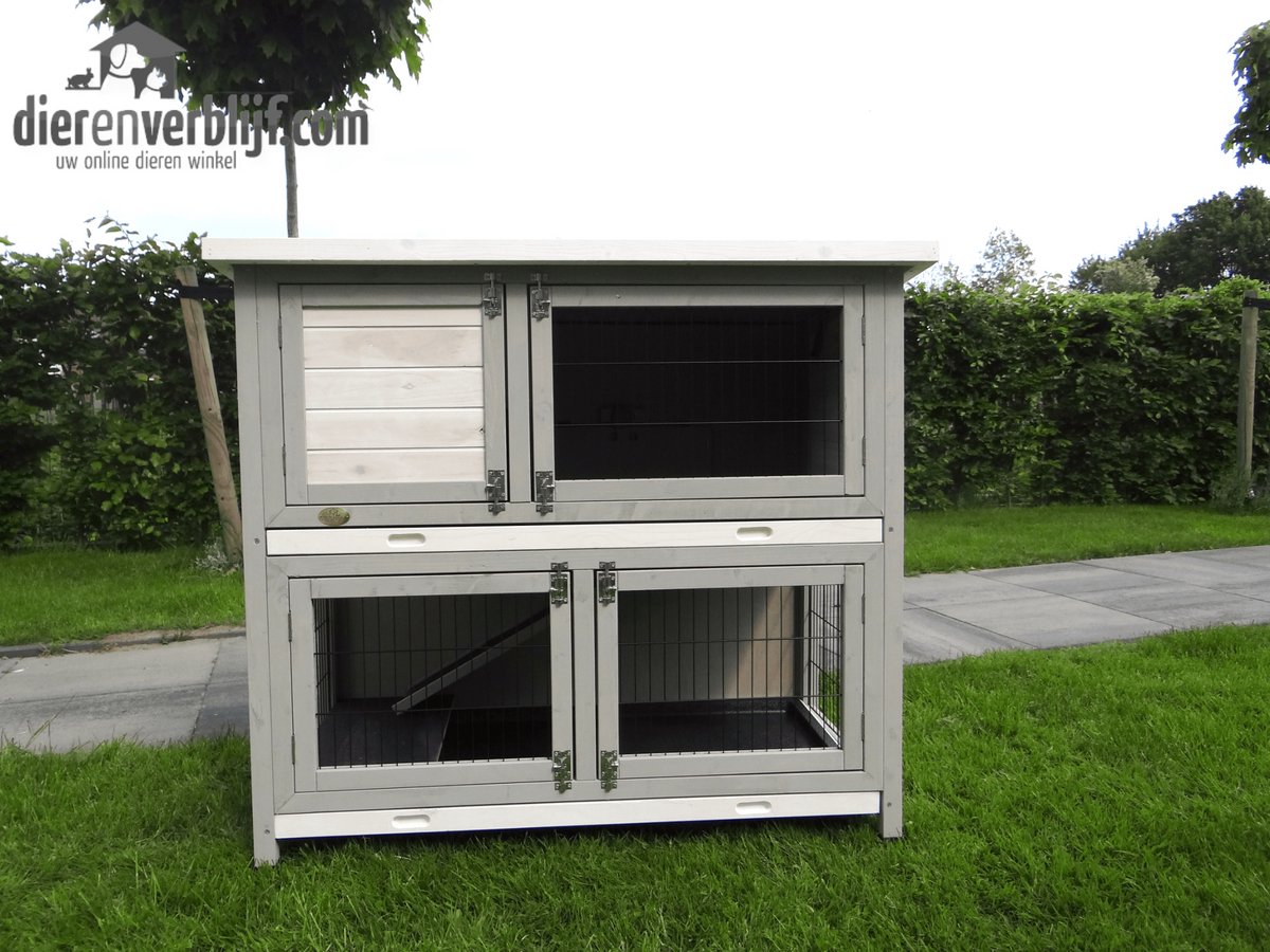Konijnenhok – dierenverblijf – Kees KP5-A – met 2 verdiepingen – buitenhok – buitenverblijf – voor buiten – hout – met lade – grijs/wit – konijn – nachthok – goedkoop – voordeel – kwaliteit – 116x63x105cm Konijnenhok – dierenverblijf – Kees KP5-A – met 2 verdiepingen – buitenhok – buitenverblijf – voor buiten – hout – met lade – grijs/wit – konijn – nachthok – goedkoop – voordeel – kwaliteit – 116x63x105cm