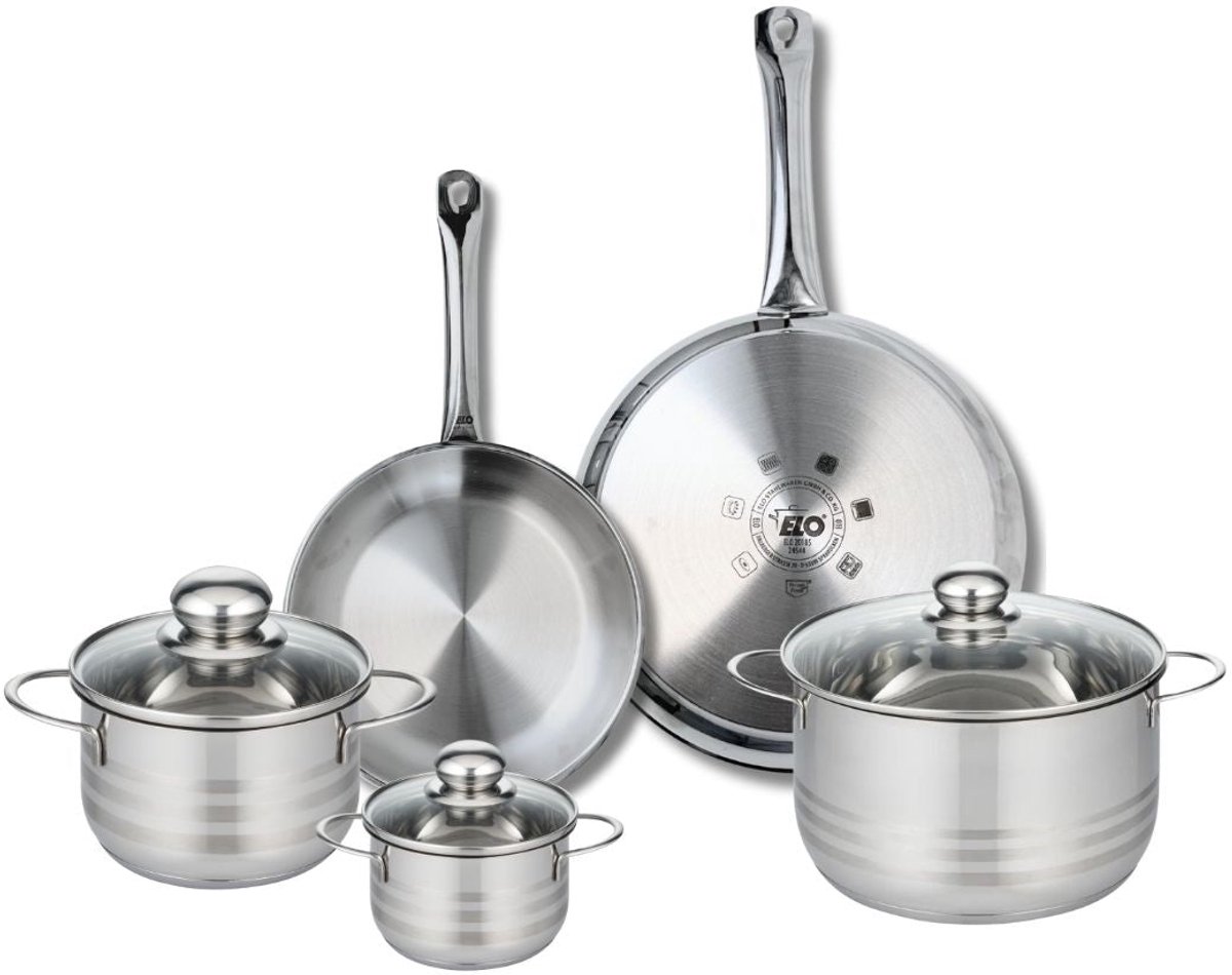 Set van 2 Koekenpannen 24 en 28 cm en 3 Kookpotten 12, 16 en 24 cm Elo Profi Brillant