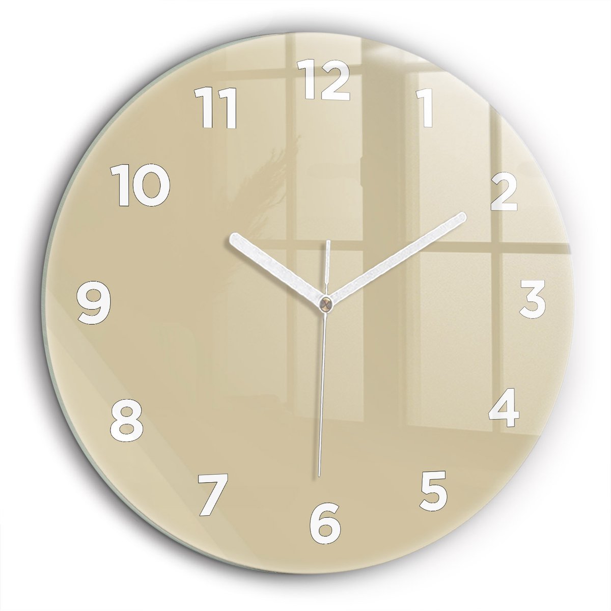 Wallfluent Wandklok - Beige Ronde Glas Klok - 60 cm x 60 cm - Beige Wandklok - Witte Handen - Wandklok Met Cijfers - Wandklok voor in de Keuken - Ronde Glazen Klok - Minimalistisch Wandklok - Ronde Glazen Wandklok