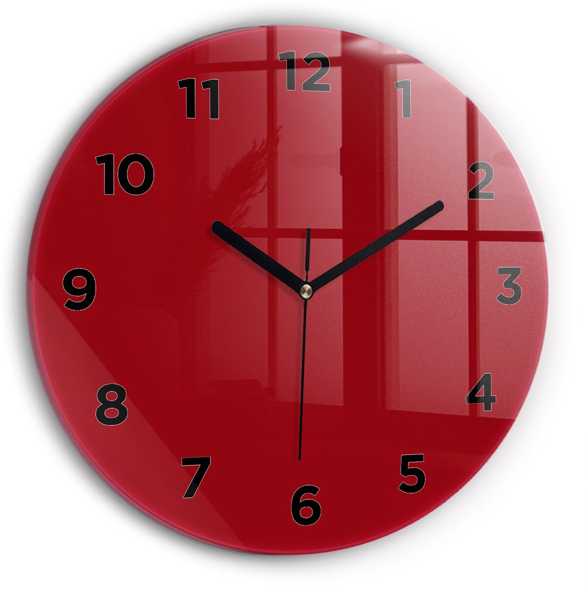Wallfluent Wandklok - Rood Ronde Glazen Klok - 30 cm x 30 cm - Rood Wandklok - Zwarte Handen - Wandklok Met Cijfers - Wandklok Glas Woonkamer - Ronde Glazen Wandklok - Industrieel Wandklok - Ronde Glas Klok