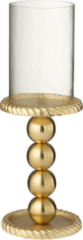 Gouden kandelaar met glazen kap, gedecoreerd met gestapelde bollen en touwdetail.