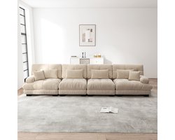 Pugsdrly Modulaire hoekbank met 4 zitplaatsen en diepe zitting, comfortabel gestoffeerde slaapbank van chenille voor woonkamer, appartement, studio, kantoor, lichtbruine chenille