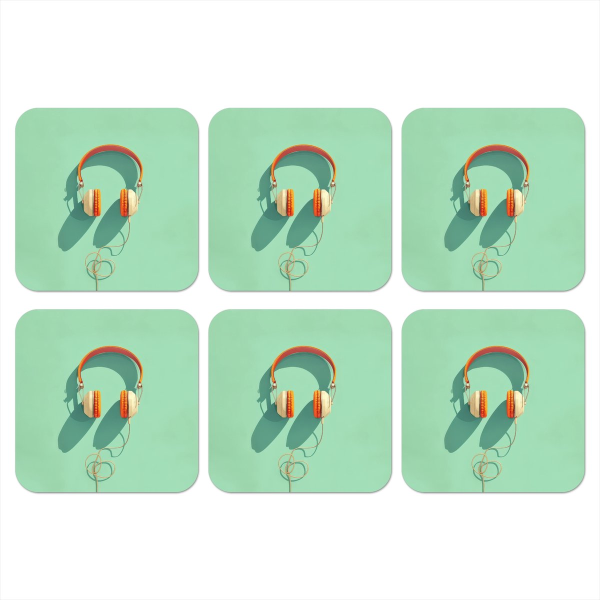 Onderzetters voor glazen - Koptelefoon - Oranje - Snoer - Minimalistisch - 10x10 cm - Glasonderzetters - 6 stuks
