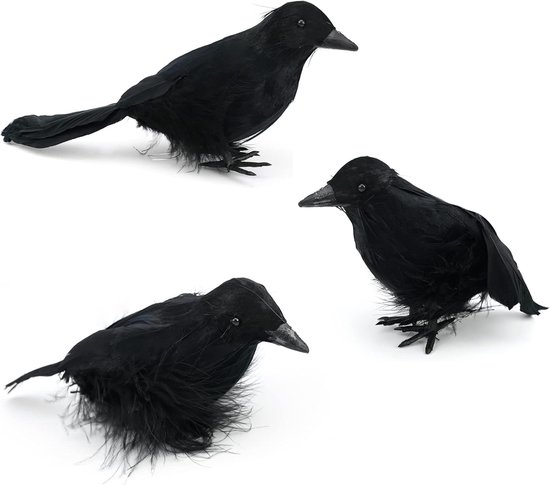 Halloween Kraai - Halloween Feest Kraai - Kunstmatige Zwarte Simulatie Veren - Griezelige Zwarte Veren Kraai Vogel - Decoratie voor Halloween Feest Binnen en Buiten Feestartikelen (3-pack)