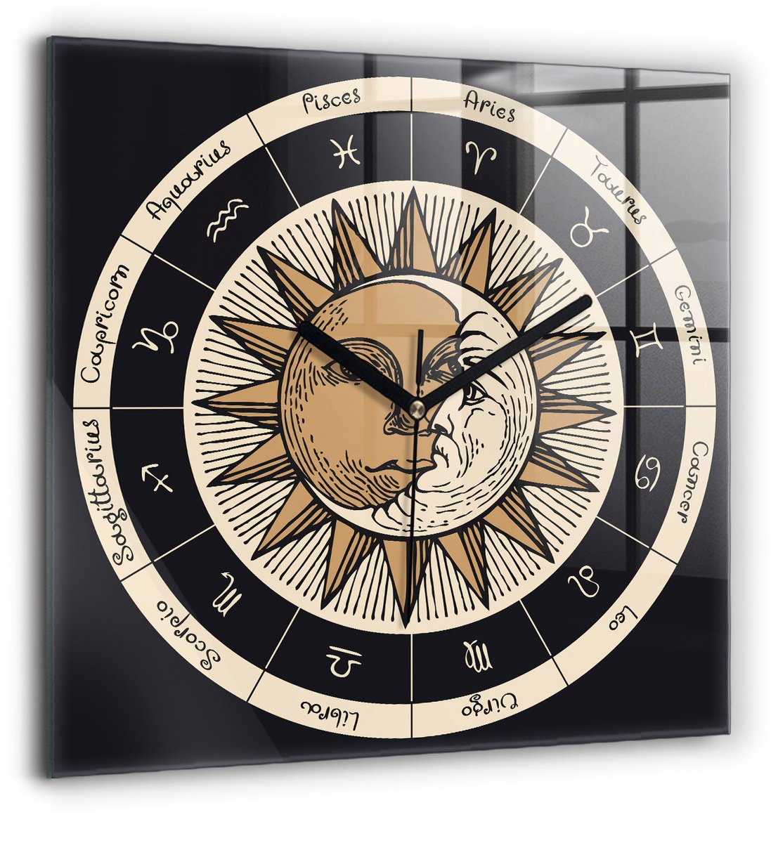 Wallfluent Wandklok - De zon en de dierenriem Decoratieve Wandklok - 60 cm x 60 cm - Veelkleurig Wandklok - Zwarte Handen - Wandklok zonder cijfers - Stille Wandklok Slaapkamer - Klok als Muurdecoratie - Modieuze Klok - Klok met Print