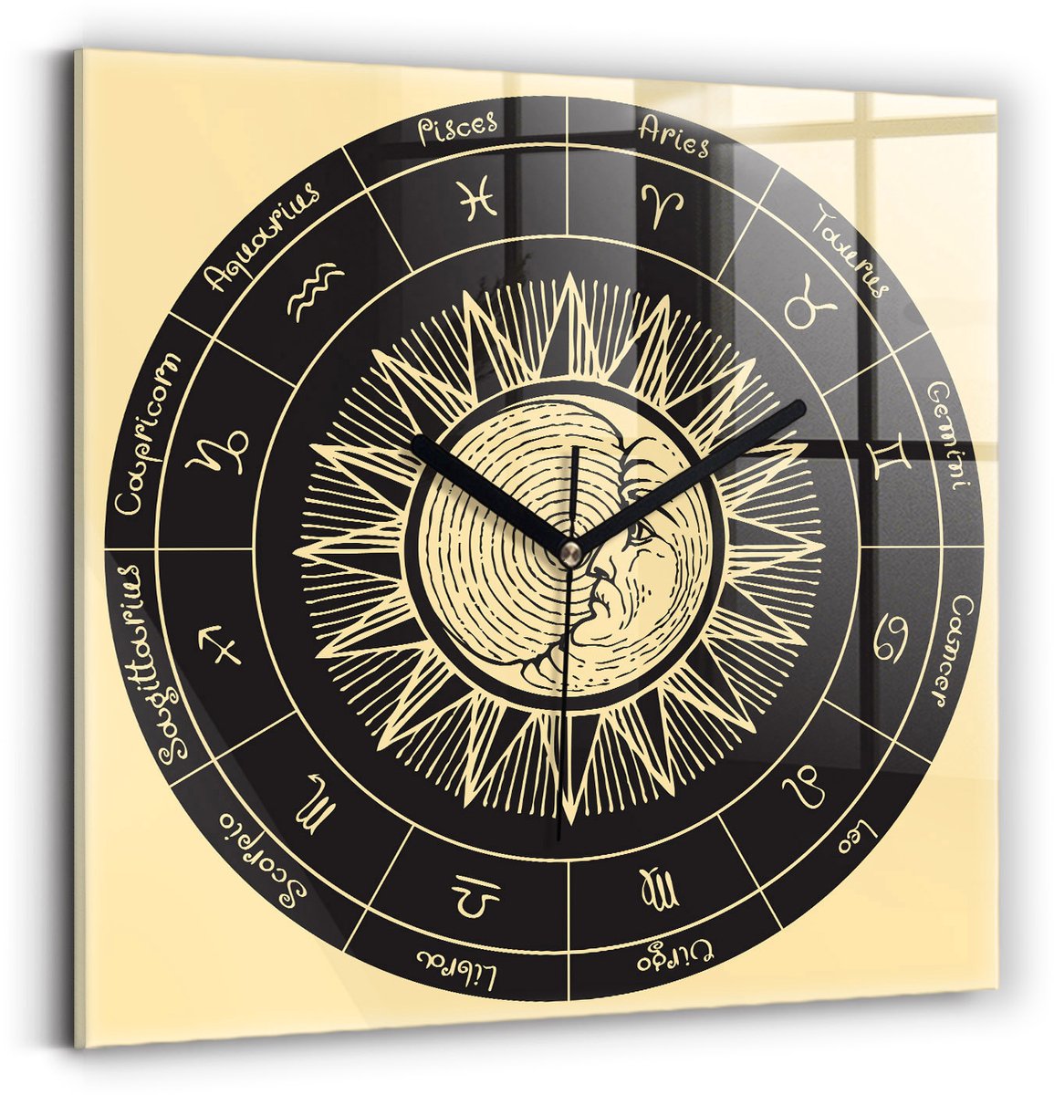 Wallfluent Wandklok - Dierenriem en de zon Unieke Wandklok - 30 cm x 30 cm - Zwart Wandklok - Zwarte Handen - Wandklok zonder cijfers - Stille Wandklok Slaapkamer - Klok als Muurdecoratie - Modieuze Klok - Decoratieve Wandklok