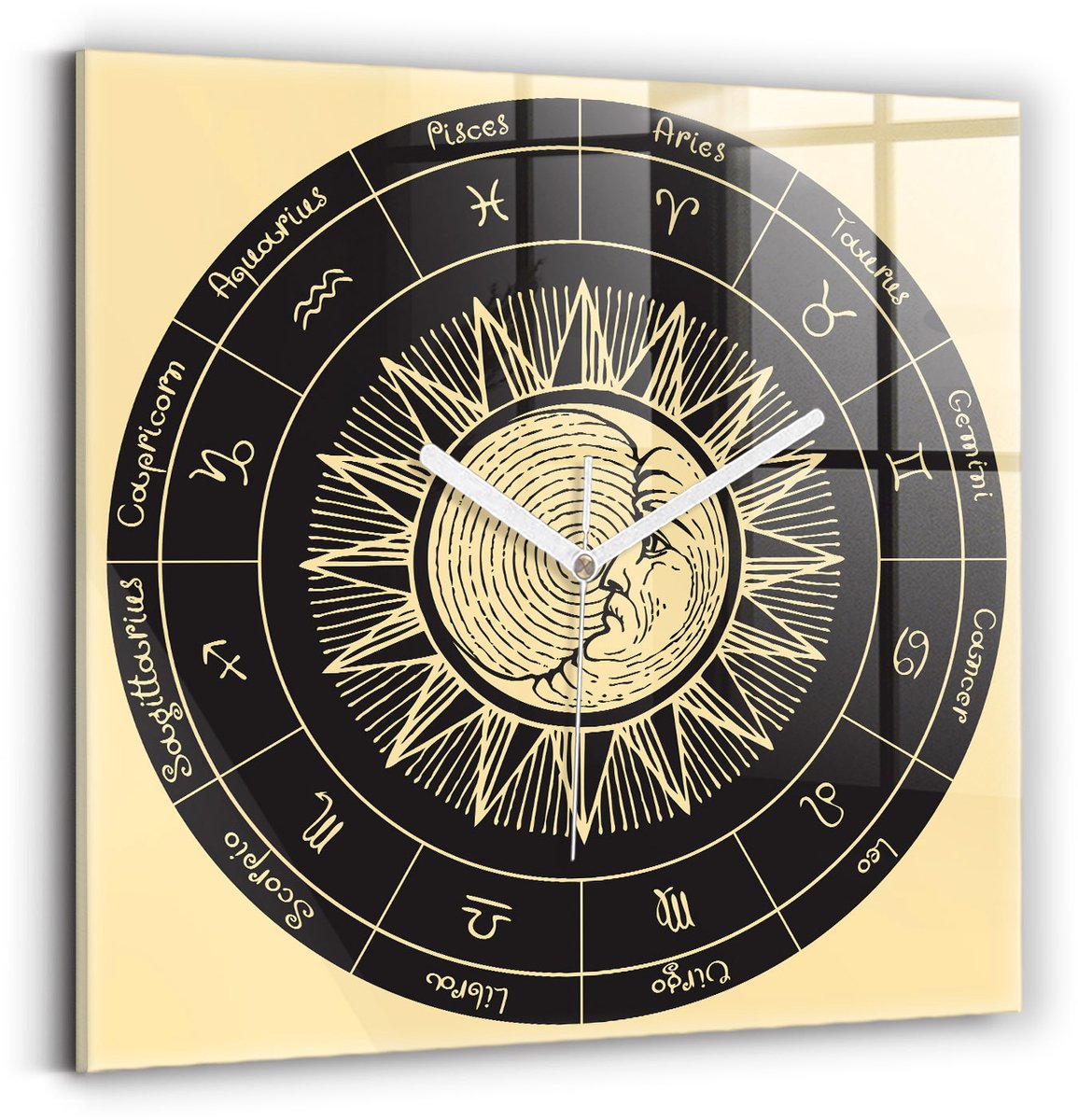 Wallfluent Wandklok - Dierenriem en de zon Decoratieve Wandklok - 30 cm x 30 cm - Zwart Wandklok - Witte Handen - Wandklok zonder cijfers - Wandklok Glas Woonkamer - Unieke Wandklok - Minimalistische Klok - Klok met Print