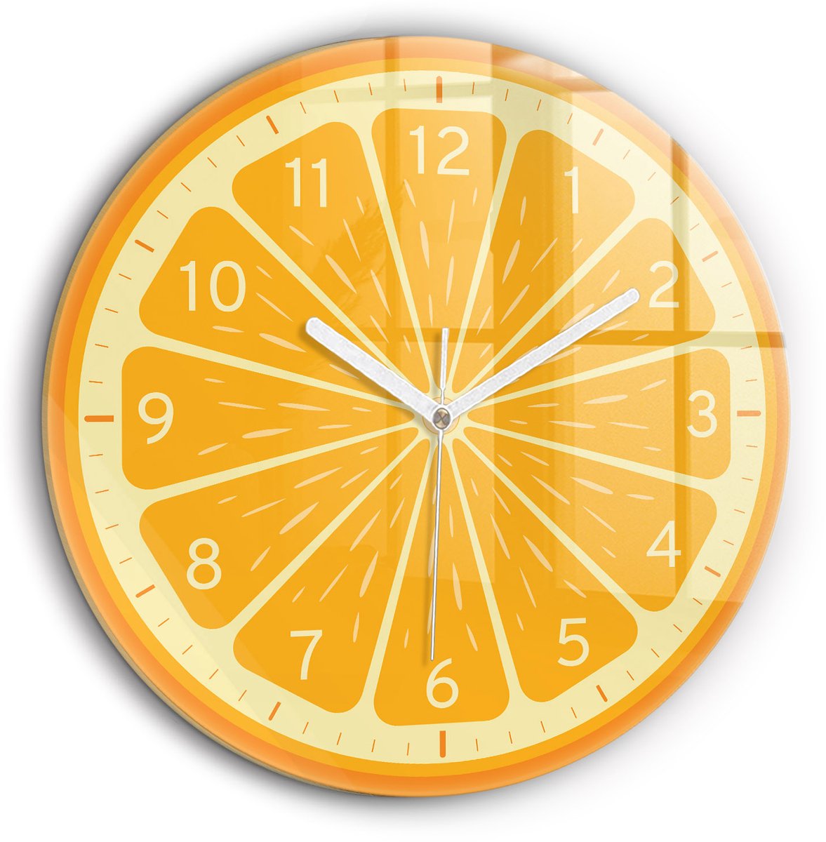 Wallfluent Wandklok - Sappige sinaasappel Klok met Afbeelding - 60 cm x 60 cm - Oranje Wandklok - Witte Handen - Klok zonder getallen - Wandklok voor in de Keuken - Decoratieve Wandklok - Design Wandklok - Klok als Muurdecoratie